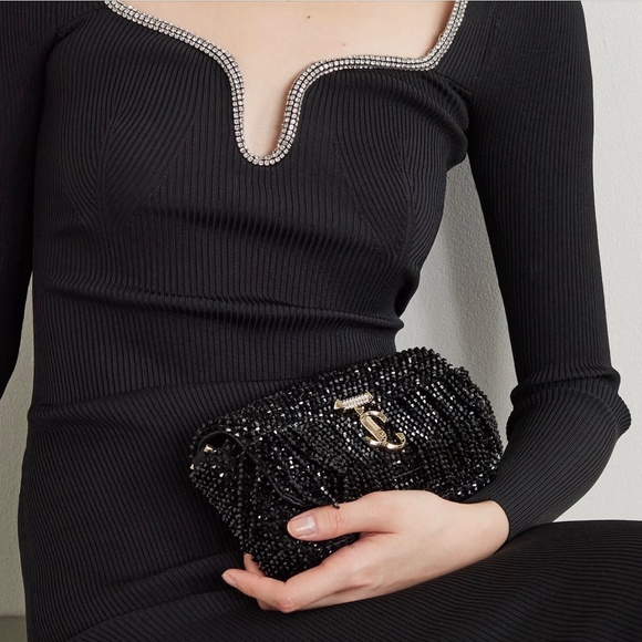 Jimmy Choo Black Crystal Fringe Varenne Shoulder Bag New in Box with Tags